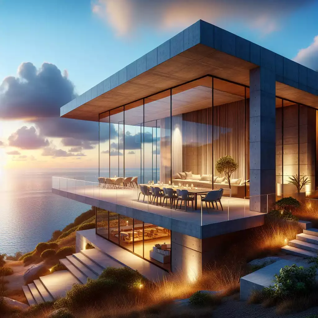 Современный дом на фоне океана