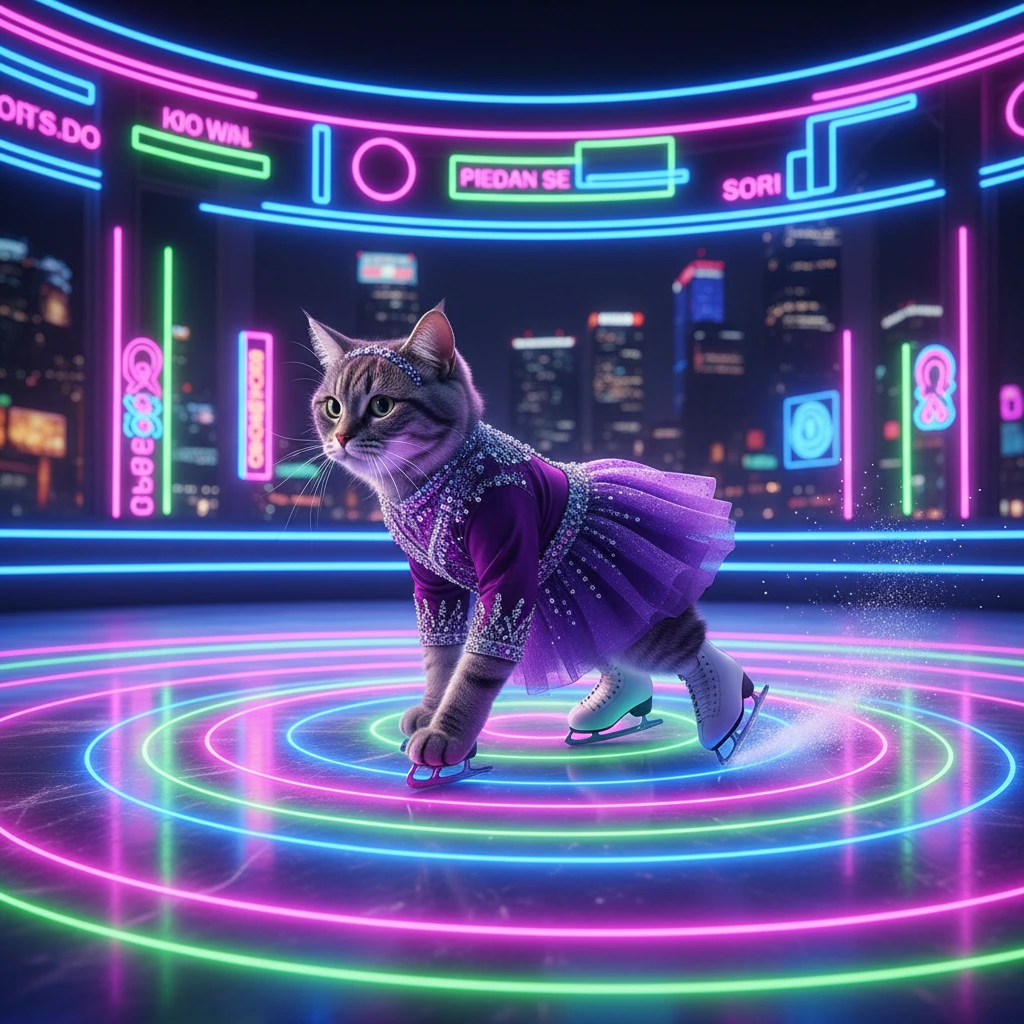 Кот в фигуристском костюме и коньках выступает на неоновой арене в футуристичном городе