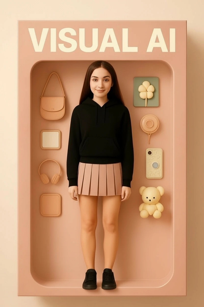 Стиллизованная кукла в коробке с надписью VISUAL AI, одетая в чёрное худи и бежевую плиссированную юбку, окружённая аксессуарами в пастельных тонах