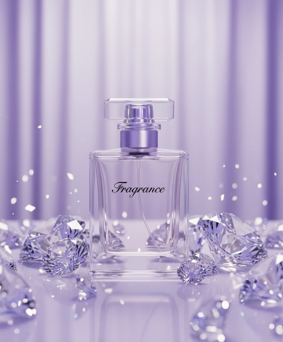 Флакон прозрачных духов на фоне мягкого фиолетового света, окружённый блестящими кристаллами