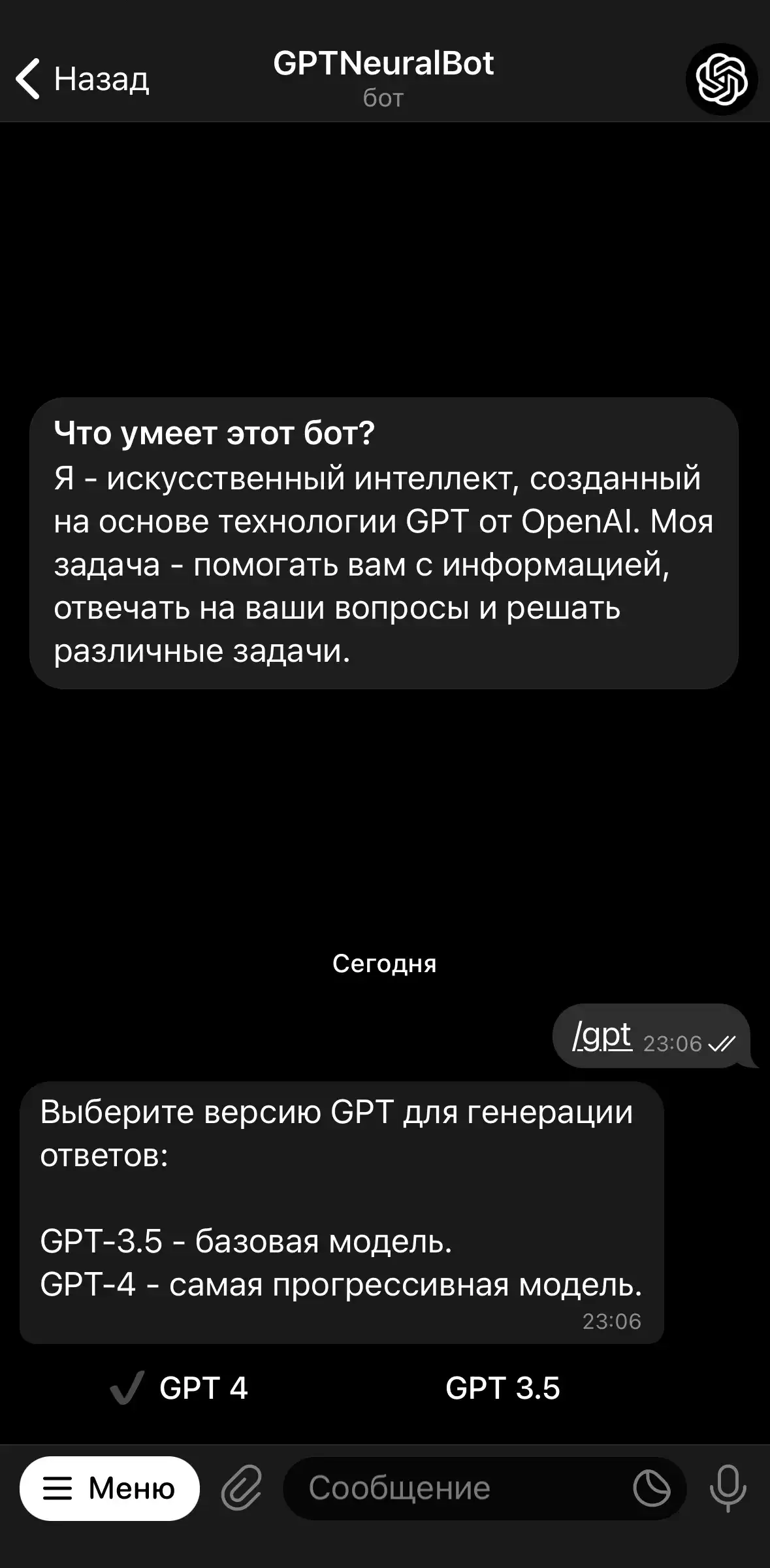 Скриншот объясняющий как выбрать версию GPT