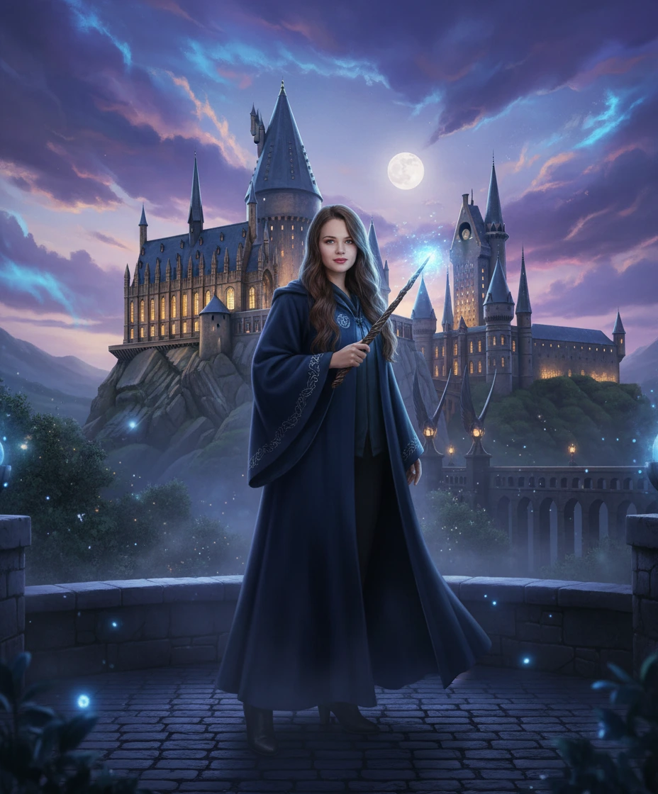 Девушка в волшебной мантии с волшебной палочкой стоит на фоне фантазийного замка в лунную ночь, окружённая магическими светящимися частицами