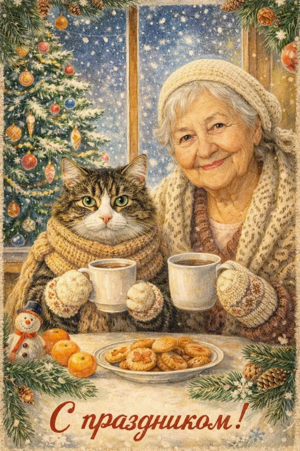 Открытка с бабушкой и котом