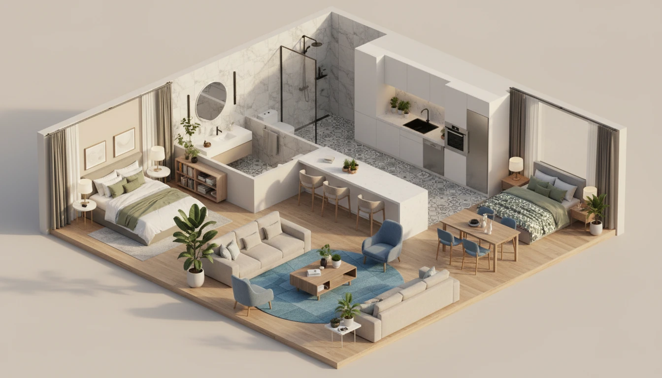 Изометричный интерьер квартиры с двумя спальнями, гостиной, кухней и ванной, выполненный в светлых тонах с современным минималистичным дизайном